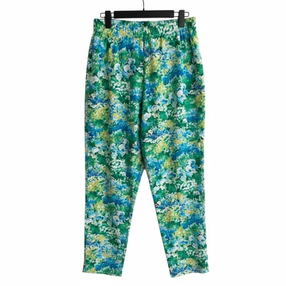 Louise Made in‎ Italy Womens Floral Print Elastic Waist Tapered Pants Green Blue